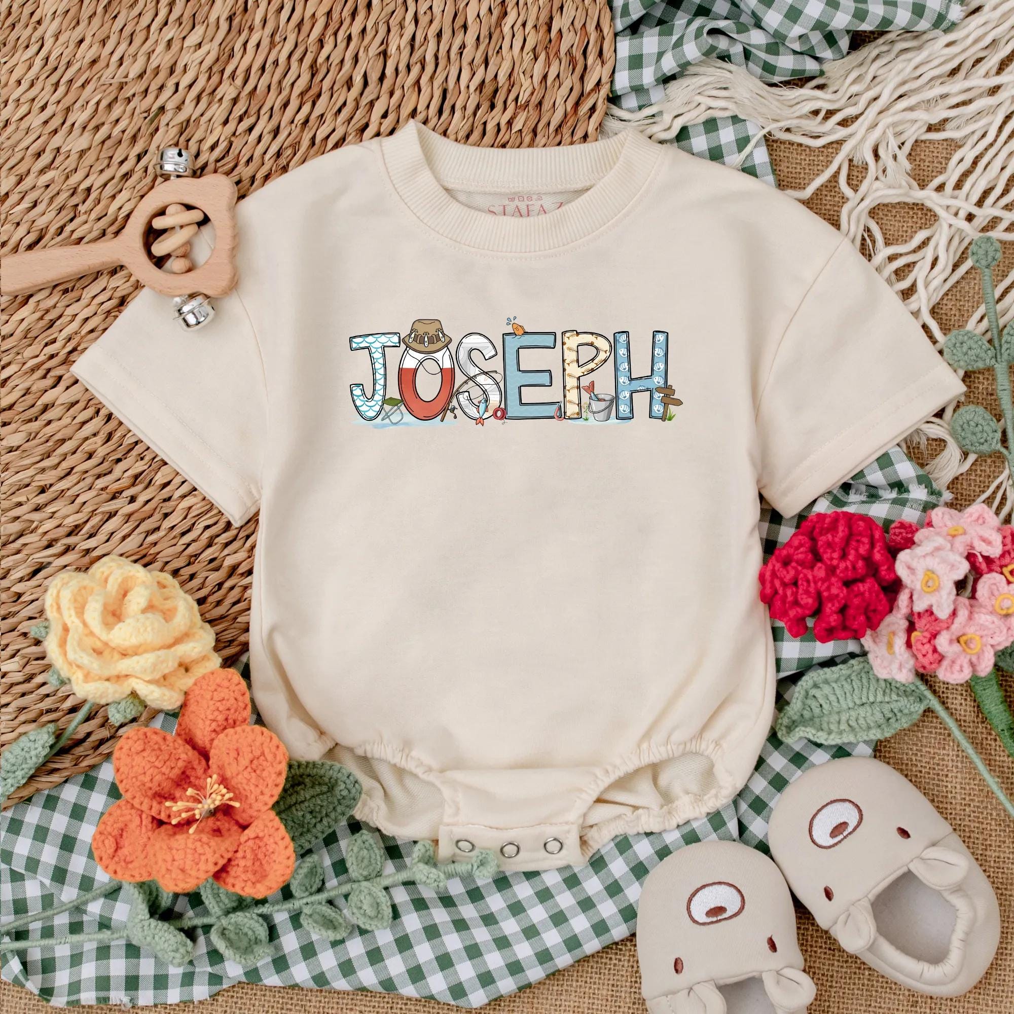 Personalized Fishing Baby Romper with Colorful Joseph Design Fun Infant Bodysuit Cute Fish Lover Gift for Baby Shower or Father's Day