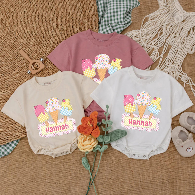 Personalized Ice Cream Baby Romper with Colorful Cones First Birthday Outfit Soft Cotton 1st Birthday Cake Smash Summer Toddler Girl