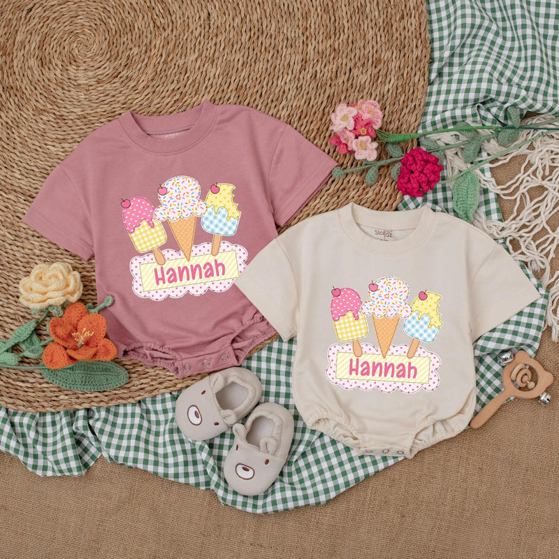Personalized Ice Cream Baby Romper with Colorful Cones First Birthday Outfit Soft Cotton 1st Birthday Cake Smash Summer Toddler Girl