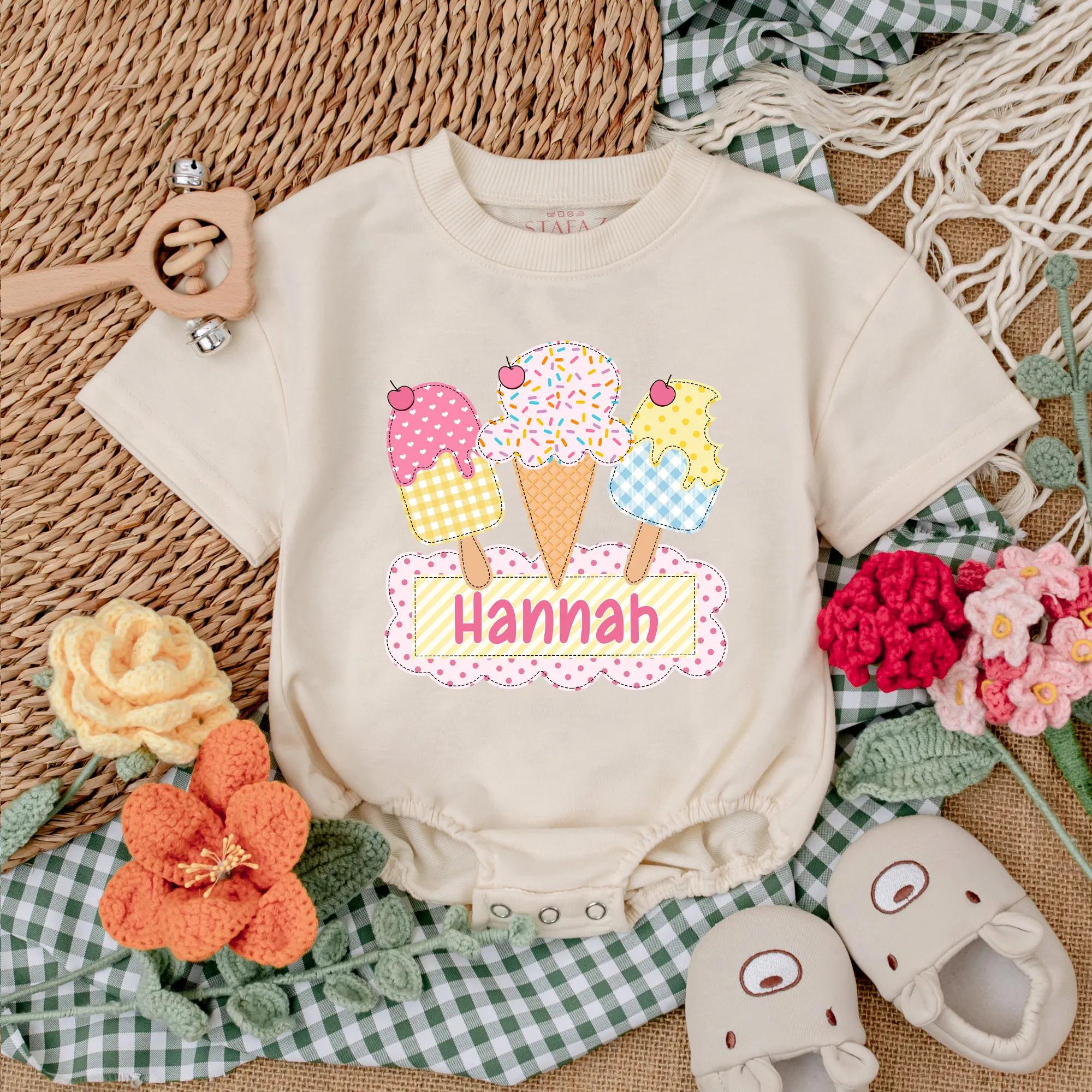 Personalized Ice Cream Baby Romper with Colorful Cones First Birthday Outfit Soft Cotton 1st Birthday Cake Smash Summer Toddler Girl