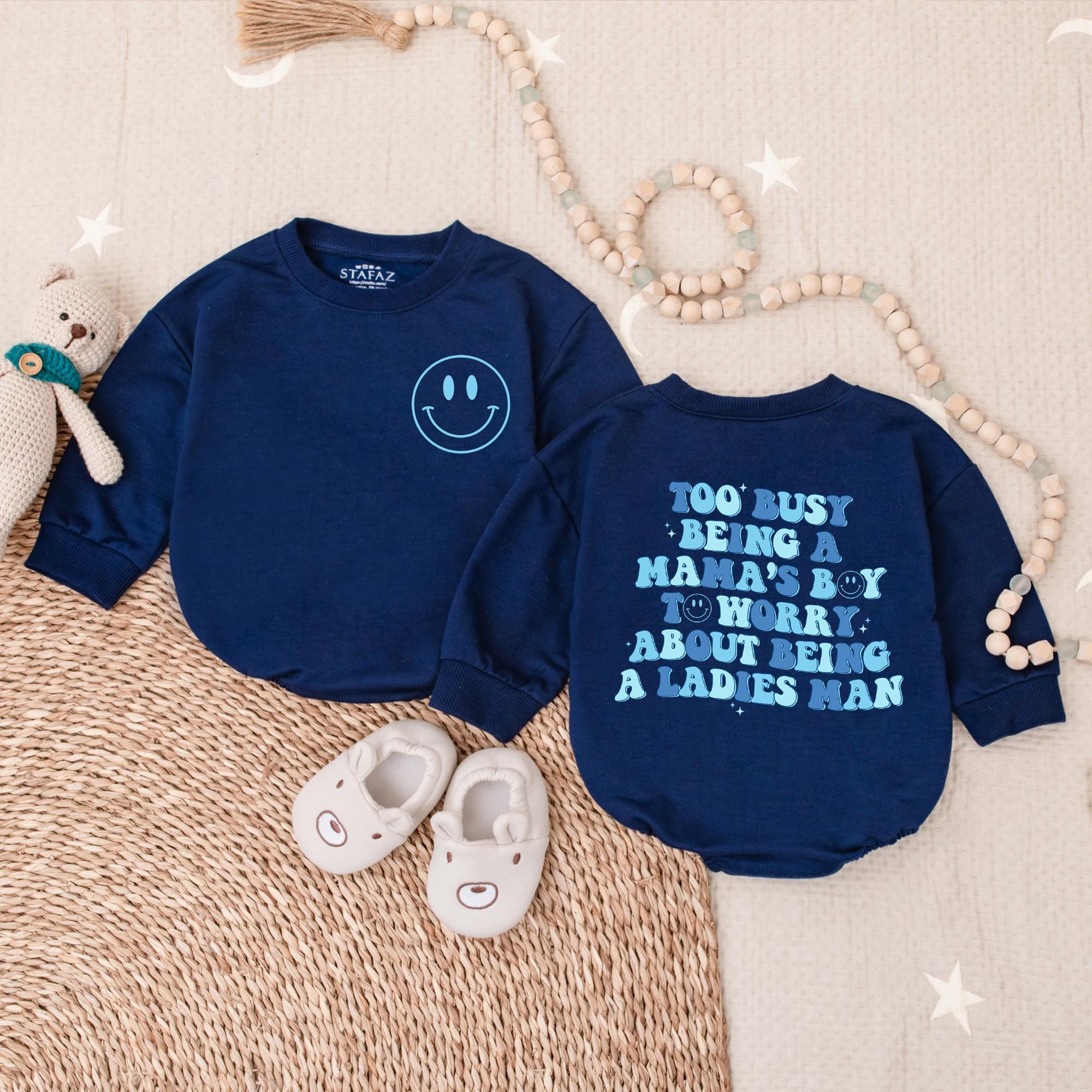 Mama's Boy Baby Romper with Bold Blue Text Comfortable Cotton Infant Outfit Perfect Baby Shower Gift for Son Playful Modern Design