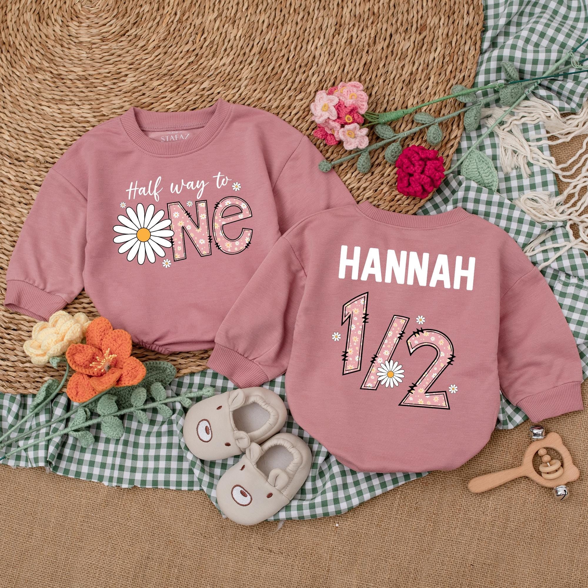 Custom Daisy Halfway to One Romper with Name - 6-Month Baby Gift