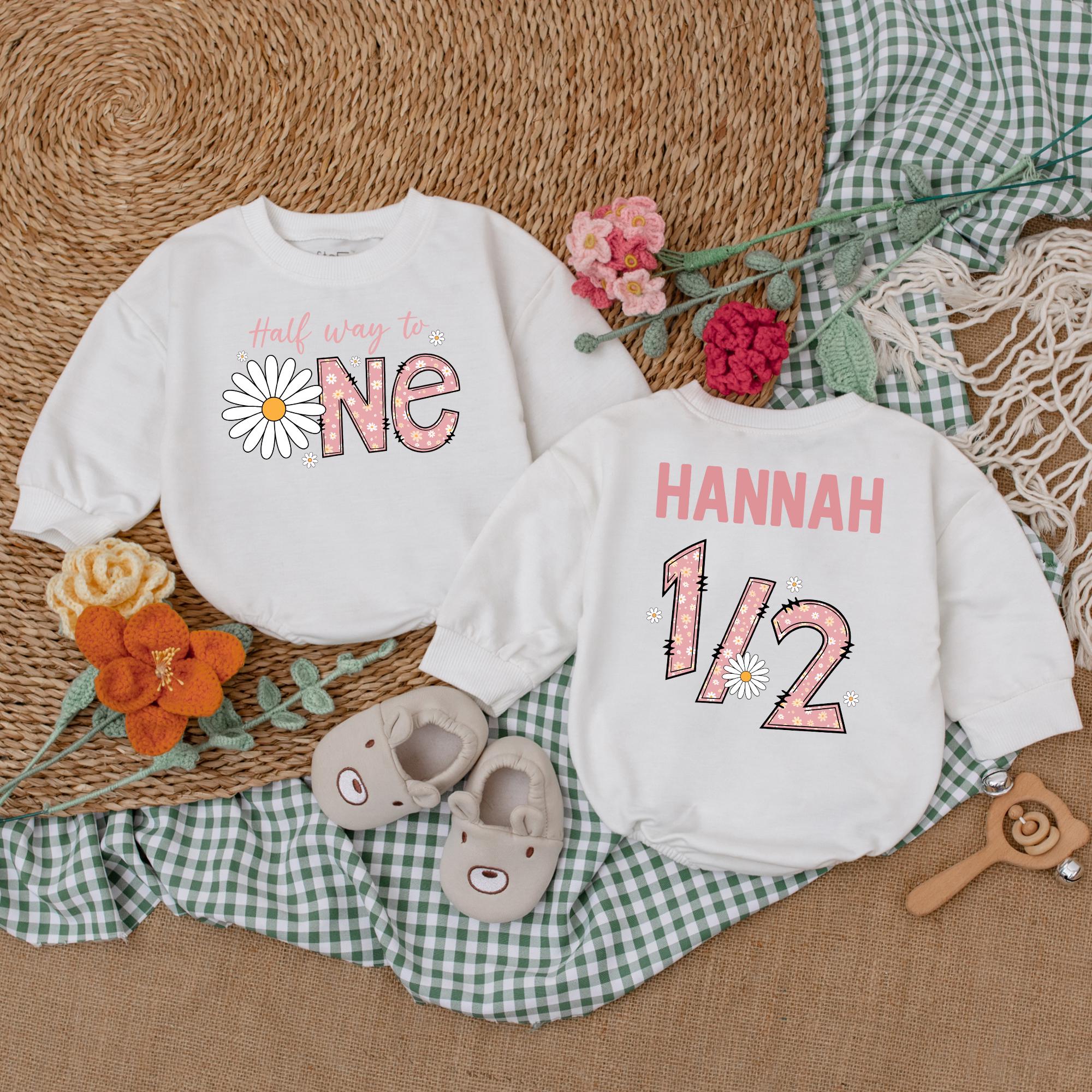 Custom Daisy Halfway to One Romper with Name - 6-Month Baby Gift