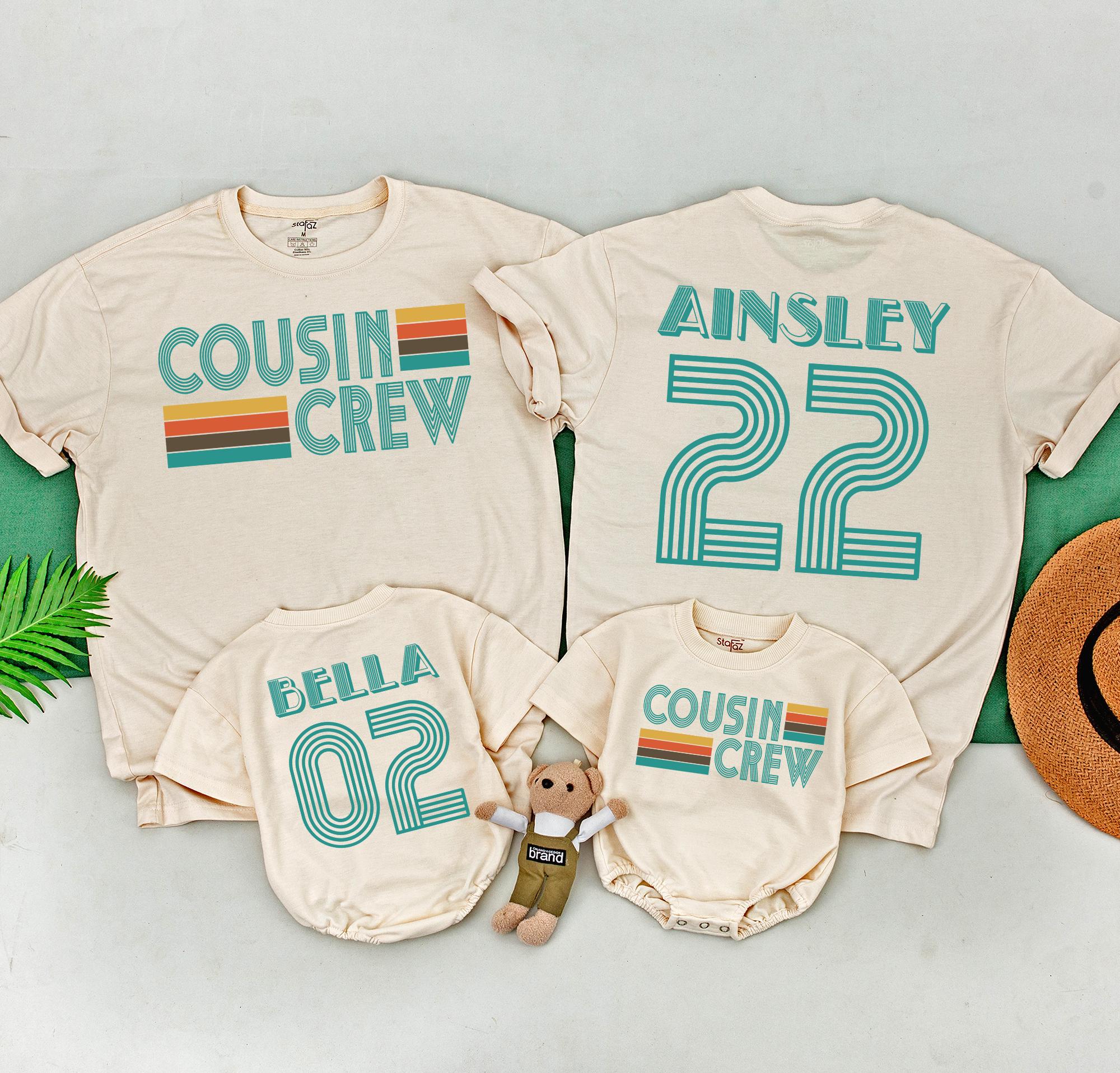 Custom Retro Cousin Crew Shirts Teal Text Vintage Family Outfit Personalized Names Kids Baby Romper Matching Nostalgic Cotton Design