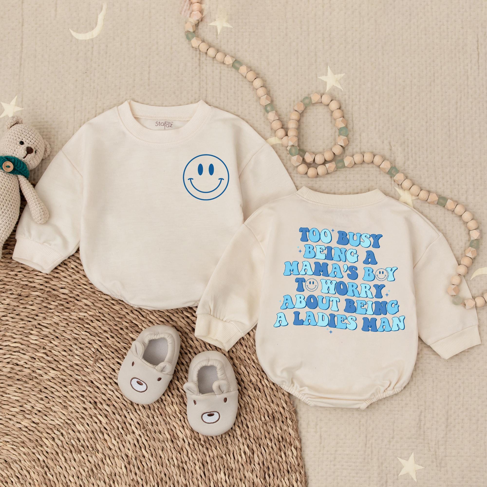 Mama's Boy Baby Romper with Bold Blue Text Comfortable Cotton Infant Outfit Perfect Baby Shower Gift for Son Playful Modern Design
