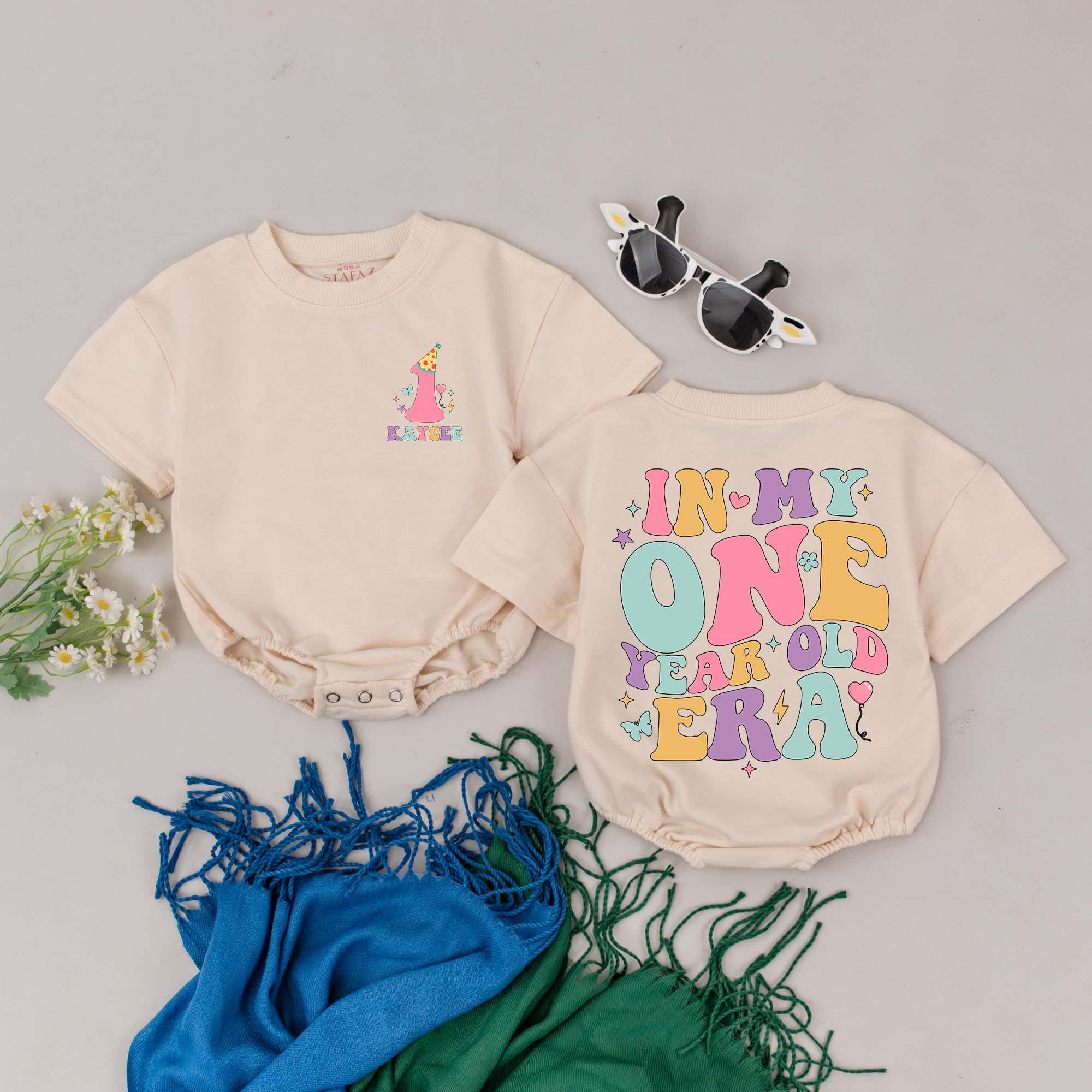 Personalized First Birthday Romper Pastel Party Hat Baby Outfit with Name Festive One Year Old Era Design Soft Cotton Infant Bodysuit