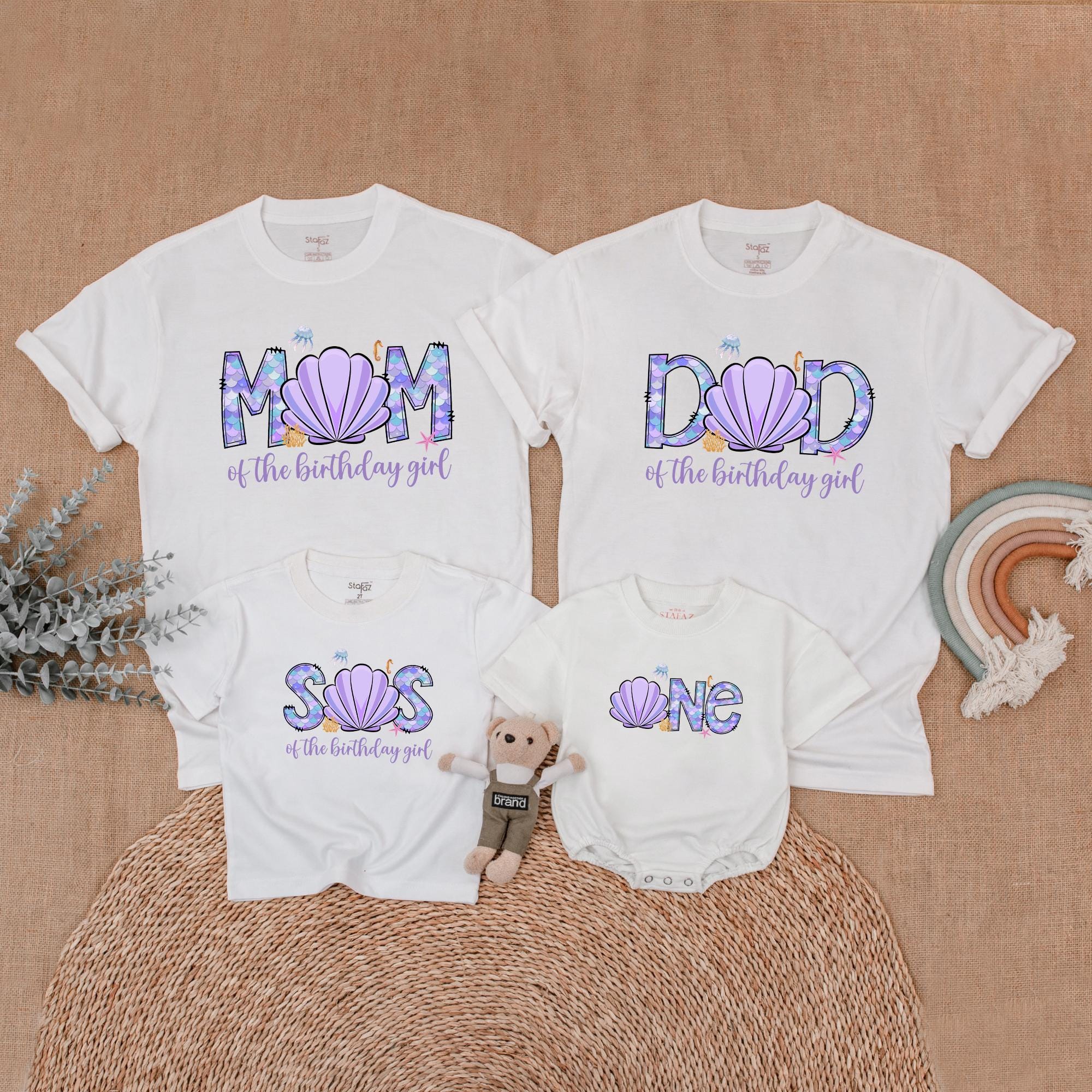 Custom Mermaid Birthday Family Shirts with Seashell Design Matching Outfits for Mom Dad Sis One-Year-Old First Birthday Celebration