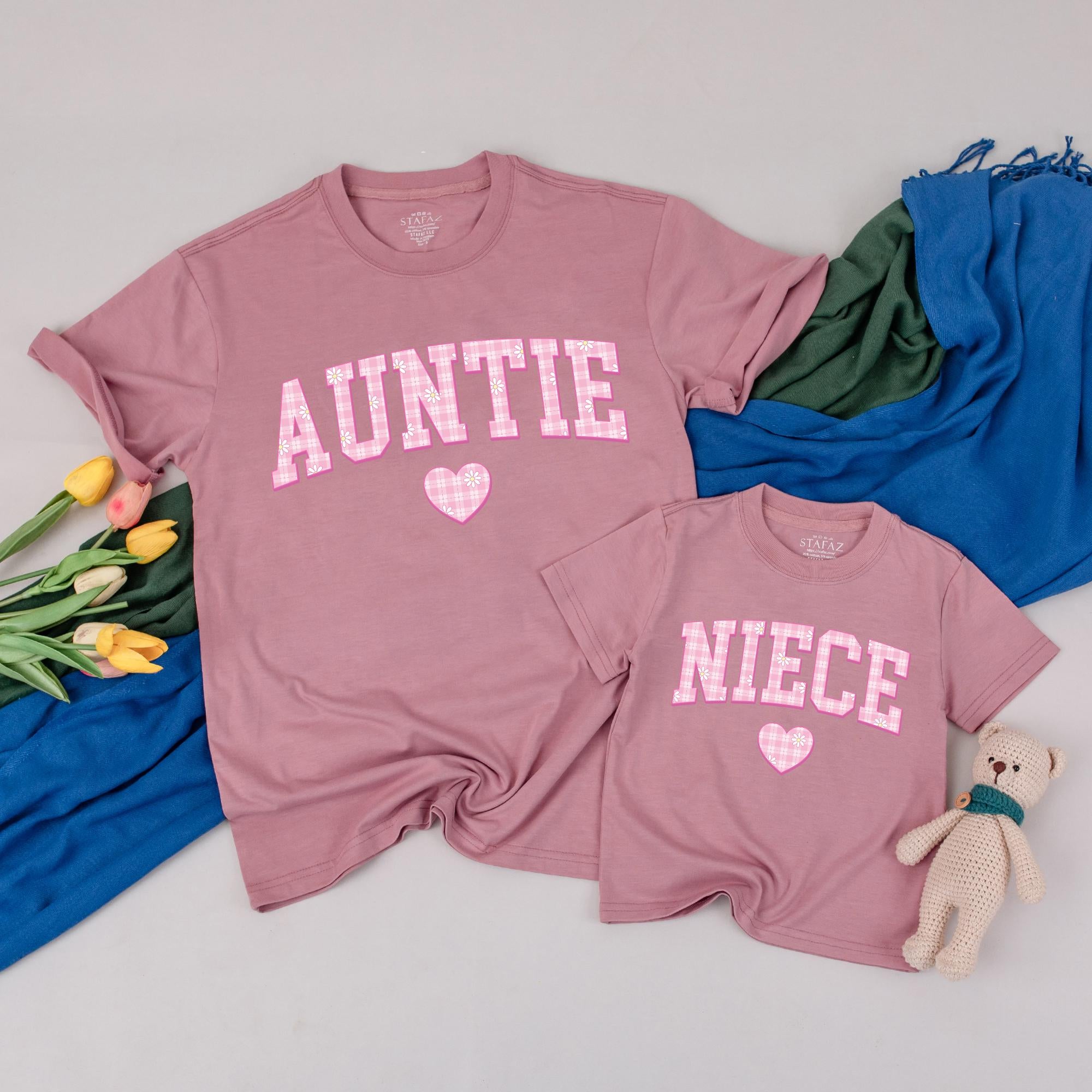 Personalized Auntie and Niece Matching Shirts Plaid Heart Design Gift for New Aunt Family Bonding Cotton Comfort Casual Wear