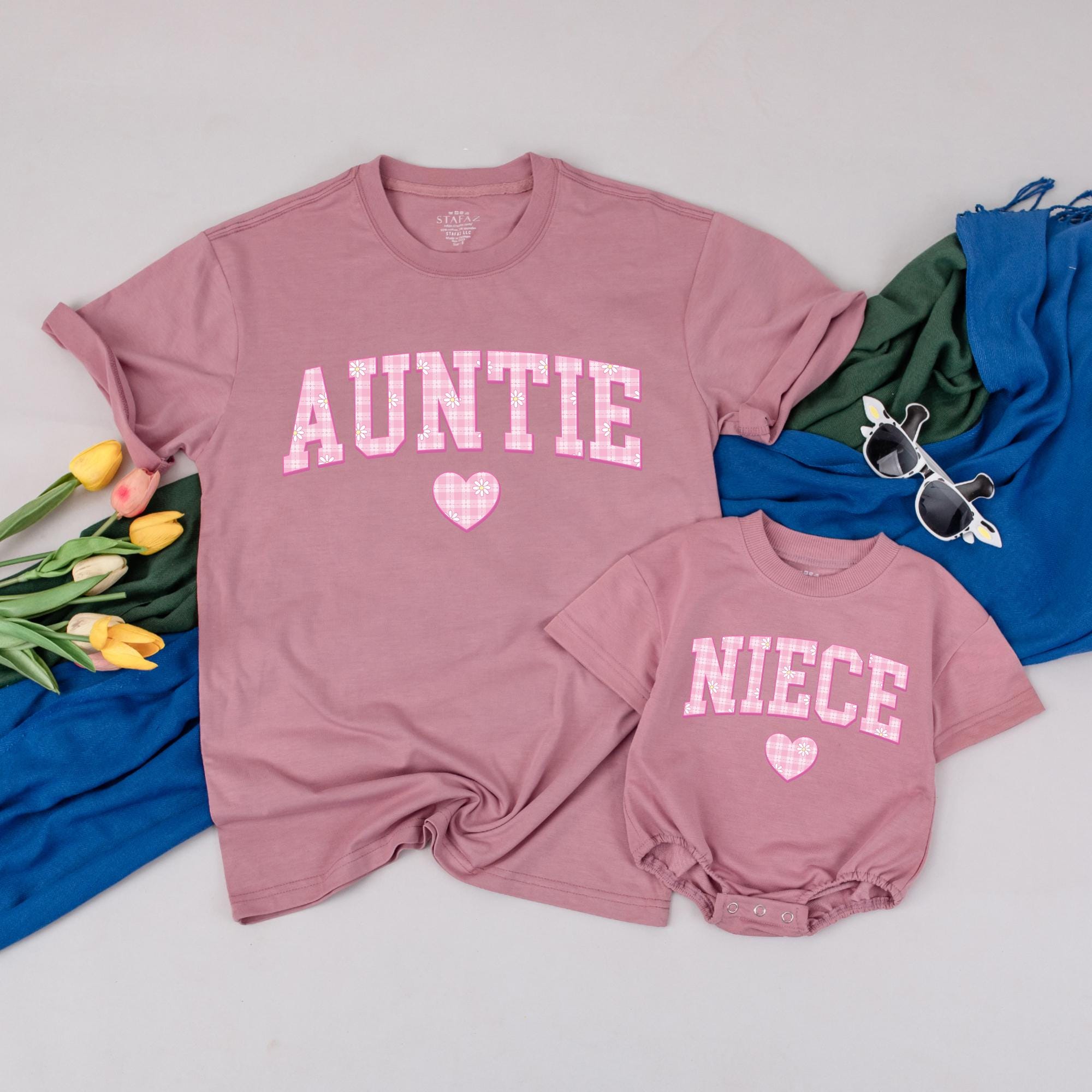 Personalized Auntie and Niece Matching Shirts Plaid Heart Design Gift for New Aunt Family Bonding Cotton Comfort Casual Wear