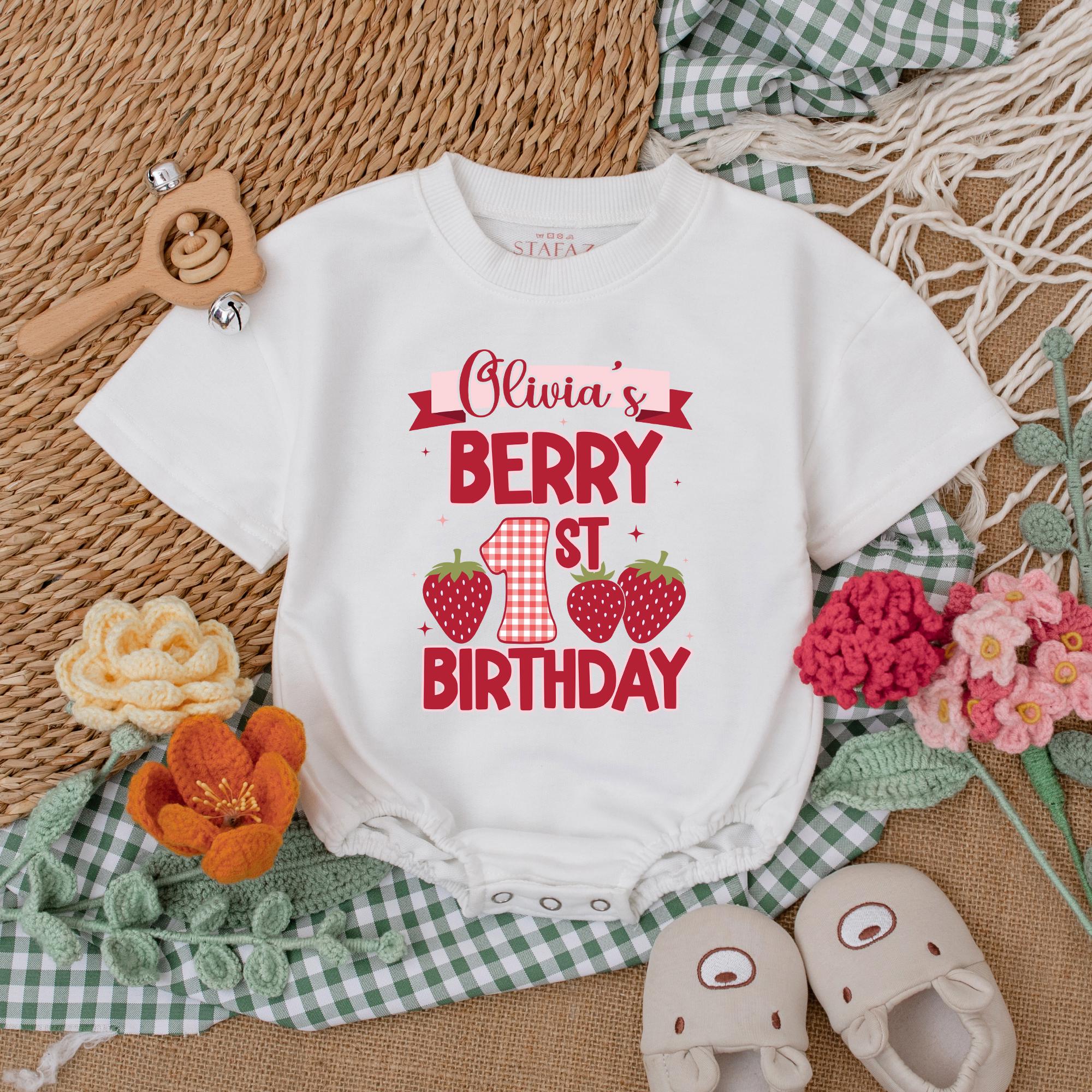 Personalized Berry First Birthday Romper with Strawberry Design