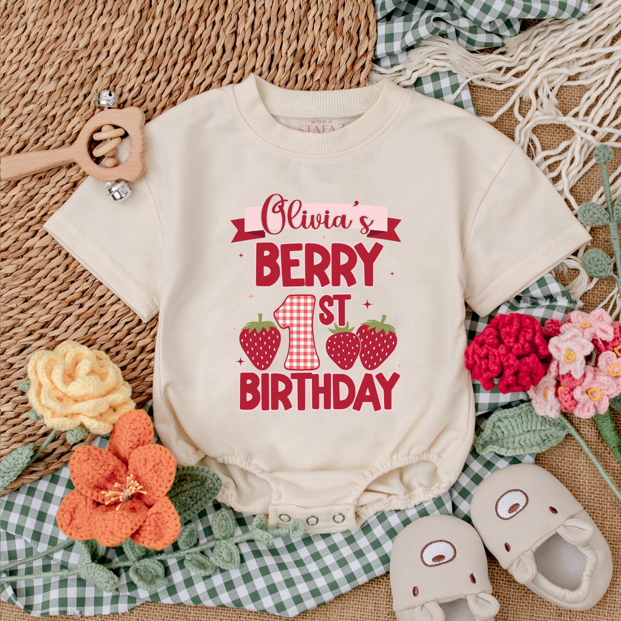 Personalized Berry First Birthday Romper with Strawberry Design
