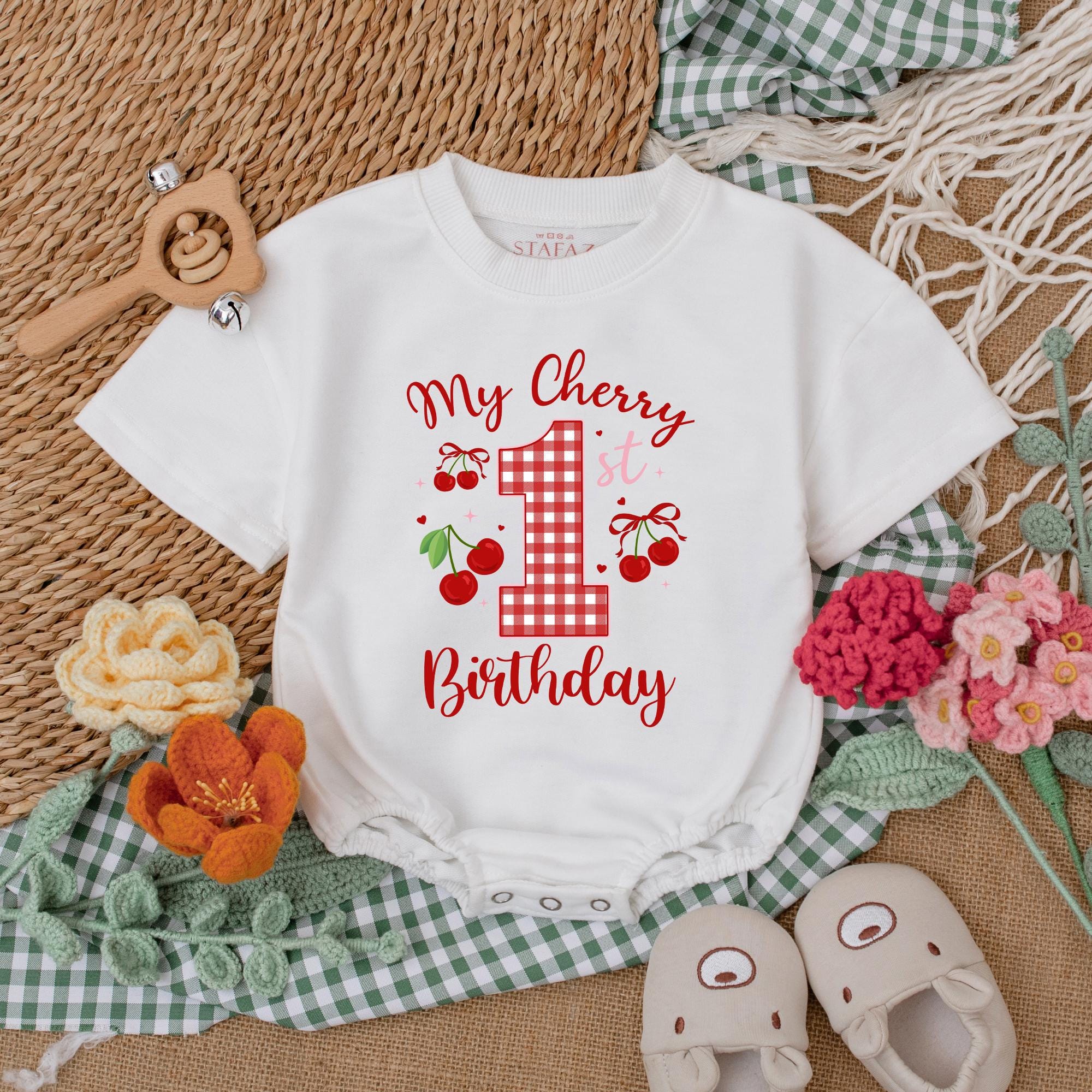 My Cherry 1st Birthday Baby Girl Romper Gingham Number One Bodysuit Cute Cherry Bow Outfit First Birthday Celebration Clothes