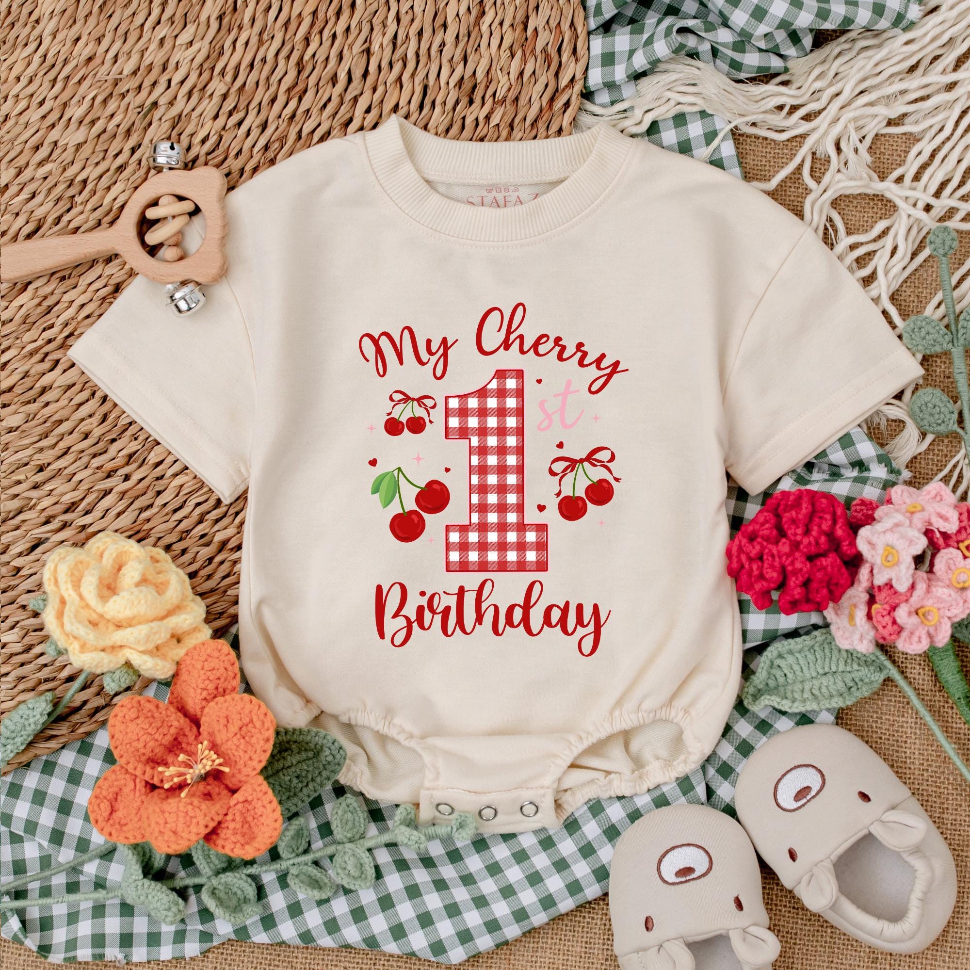 My Cherry 1st Birthday Baby Girl Romper Gingham Number One Bodysuit Cute Cherry Bow Outfit First Birthday Celebration Clothes