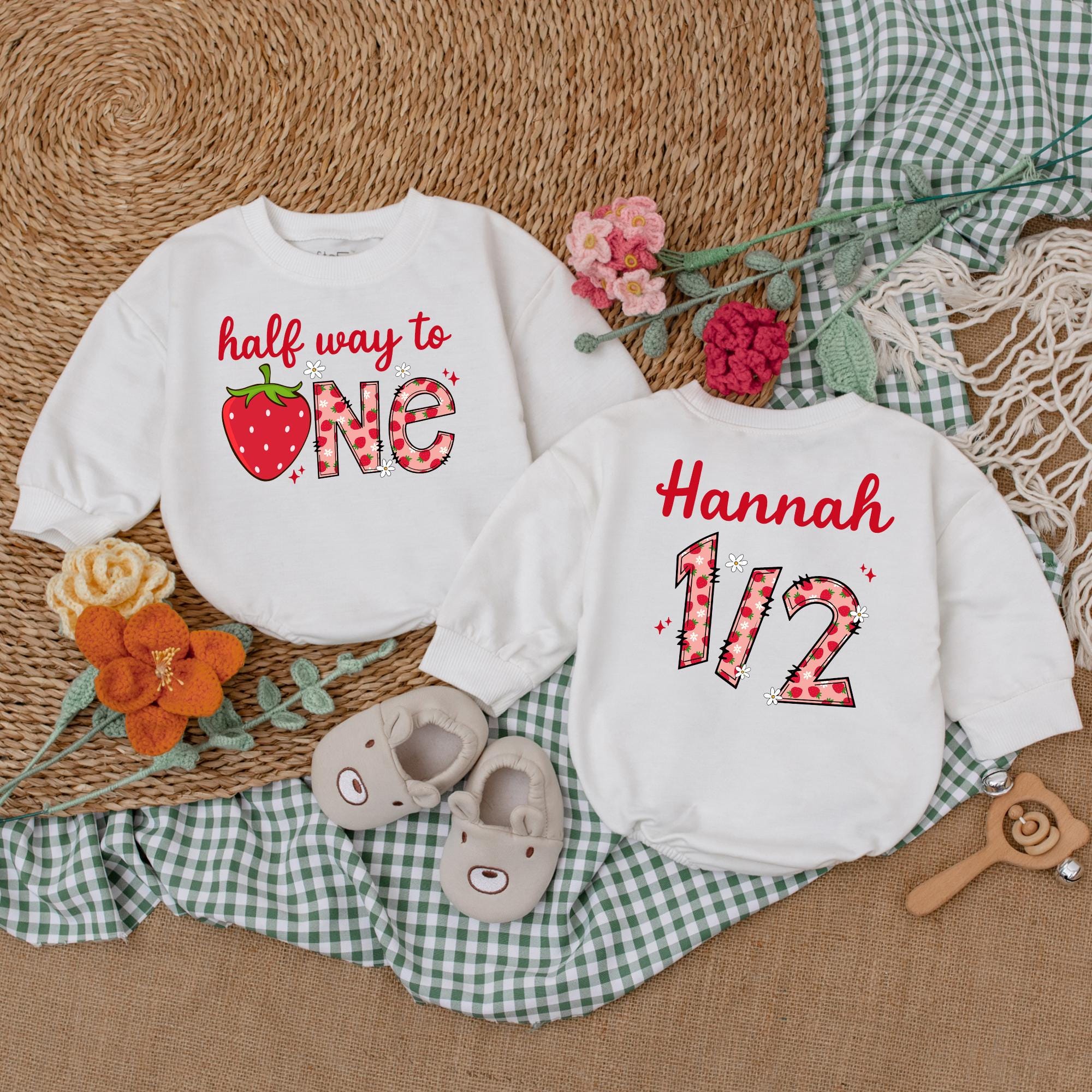 Personalized Half Way to One Strawberry Romper Baby Girl Birthday Outfit Soft Cotton 6 Months Gift Red Green Star Pattern Celebration