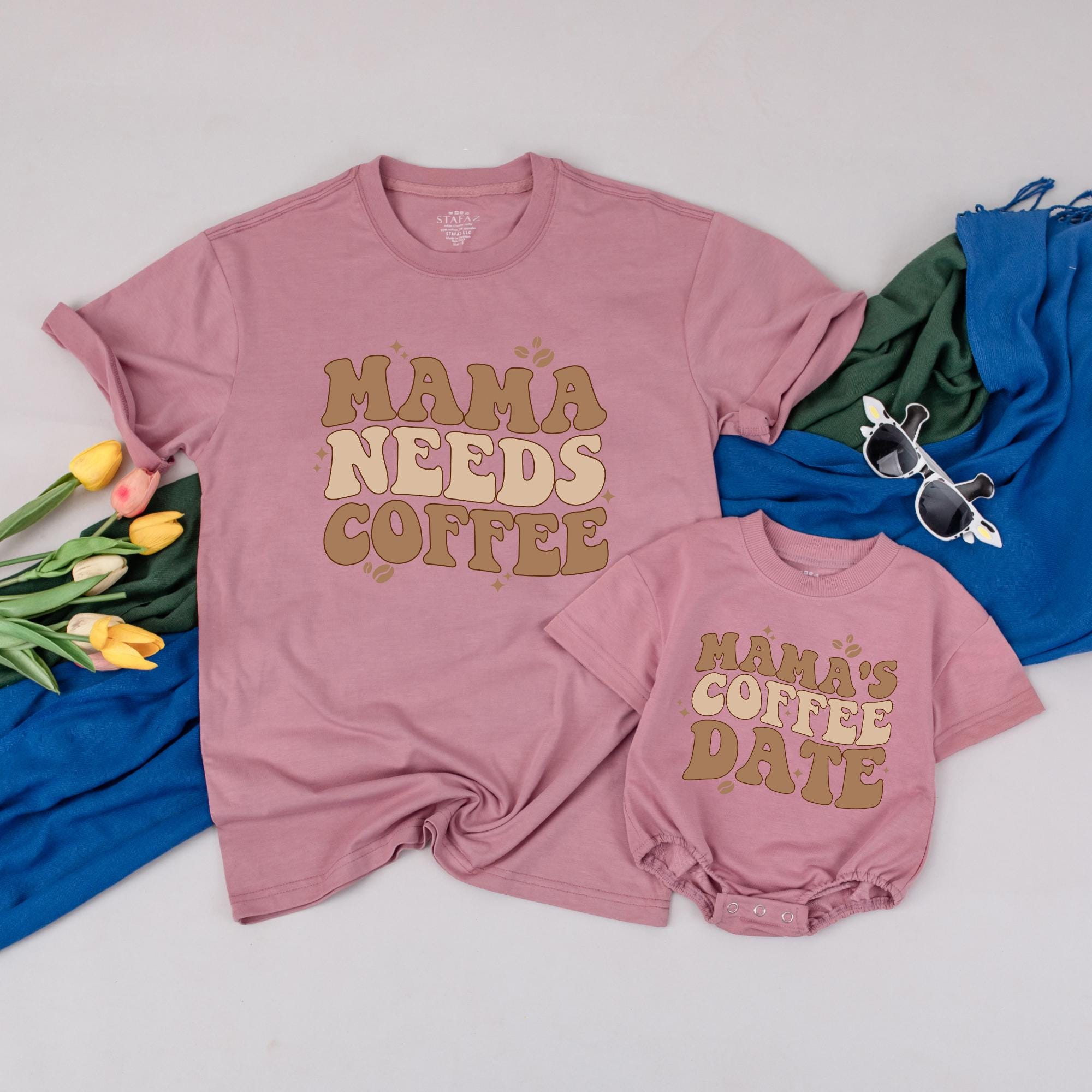 Personalized Mama Needs Coffee Matching T-Shirts Retro Style Mom Baby Outfit Mother's Day Gift Soft Cotton Custom Print Design