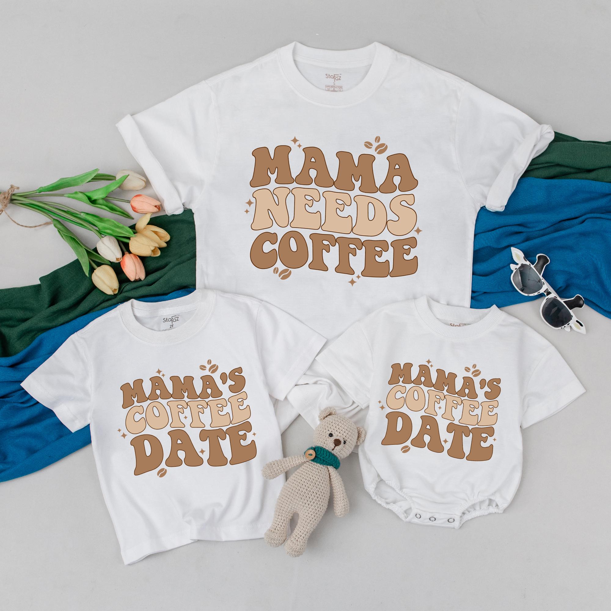 Personalized Mama Needs Coffee Matching T-Shirts Retro Style Mom Baby Outfit Mother's Day Gift Soft Cotton Custom Print Design
