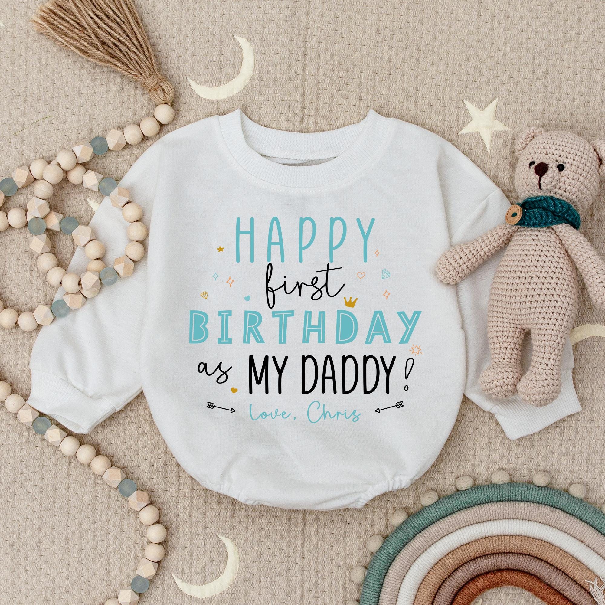 Happy First Birthday as My Daddy Baby Romper Custom Baby Boy Outfit Gift Turquoise and Black Design Comfy Soft Cotton Celebration