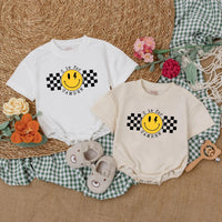 Personalized Baby Boy Romper with Checkered Smiley Face Birthday Outfit Infant Cotton Comfortable Gift