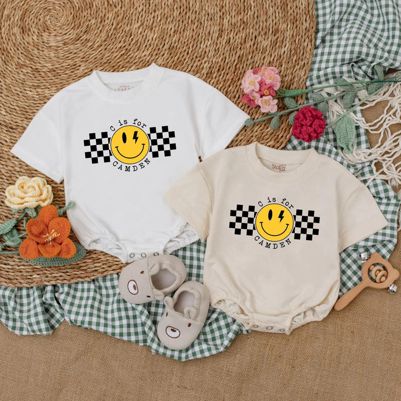 Personalized Baby Boy Romper with Checkered Smiley Face Birthday Outfit Infant Cotton Comfortable Gift
