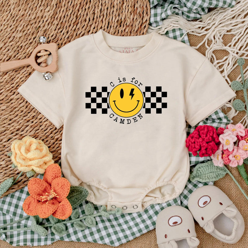 Personalized Baby Boy Romper with Checkered Smiley Face Birthday Outfit Infant Cotton Comfortable Gift