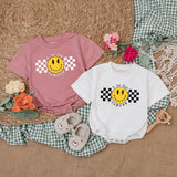 Personalized Baby Boy Romper with Checkered Smiley Face Birthday Outfit Infant Cotton Comfortable Gift