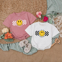 Personalized Baby Boy Romper with Checkered Smiley Face Birthday Outfit Infant Cotton Comfortable Gift