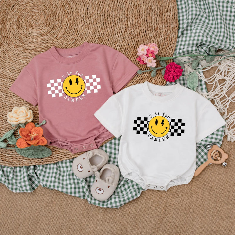 Personalized Baby Boy Romper with Checkered Smiley Face Birthday Outfit Infant Cotton Comfortable Gift