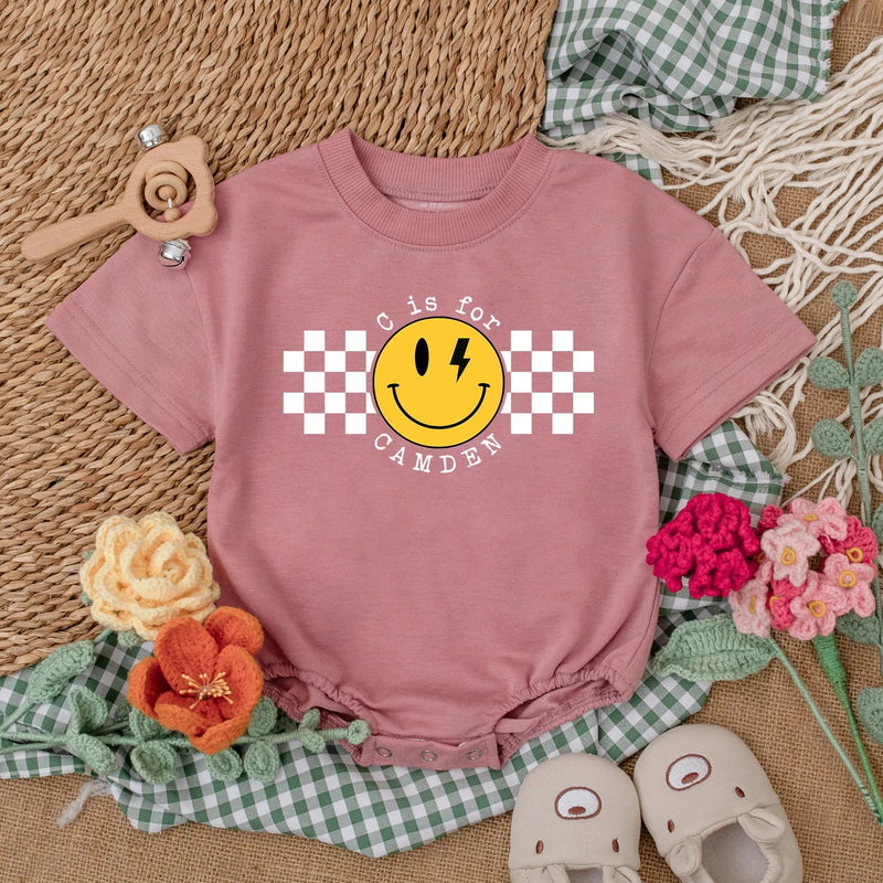 Personalized Baby Boy Romper with Checkered Smiley Face Birthday Outfit Infant Cotton Comfortable Gift