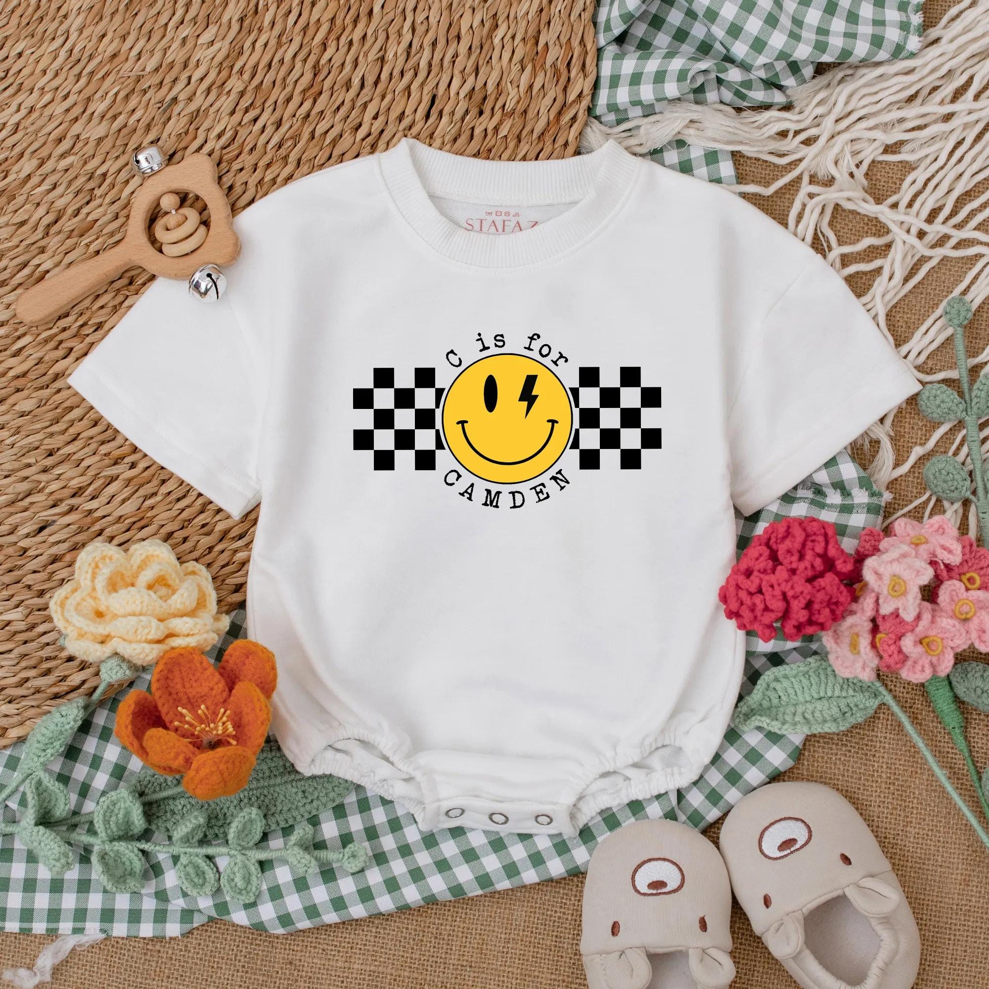 Personalized Baby Boy Romper with Checkered Smiley Face Birthday Outfit Infant Cotton Comfortable Gift