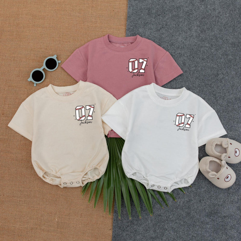 Personalized Baseball Romper Cotton Baby Tee with Red Seams Custom Name Number Playful Sporty Design Gift for Baseball Lovers