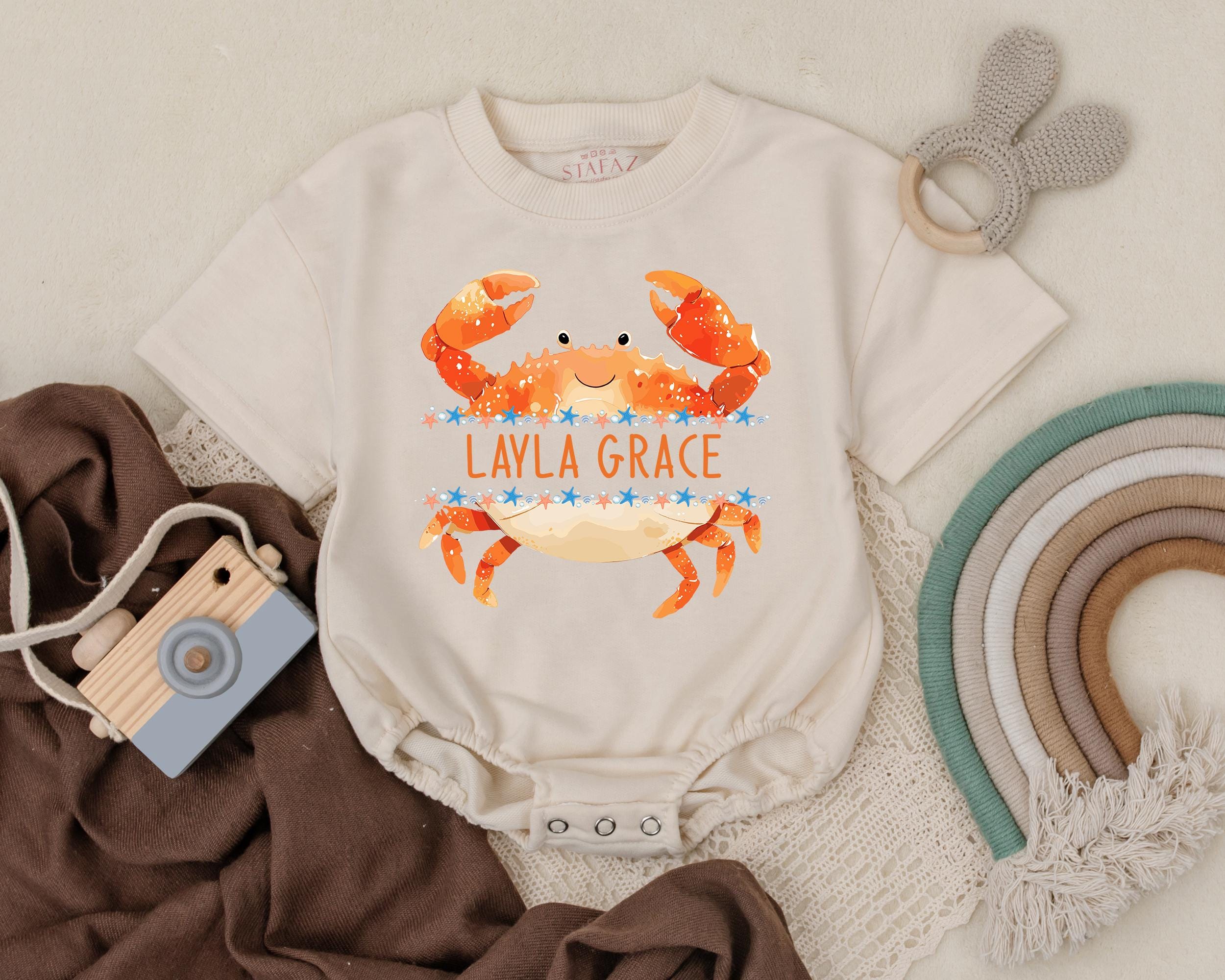 Personalized Crab Baby Romper with Smiling Face Ocean Design Custom Name Soft Cotton Coastal Gift for Newborns and Toddlers 140 Characters