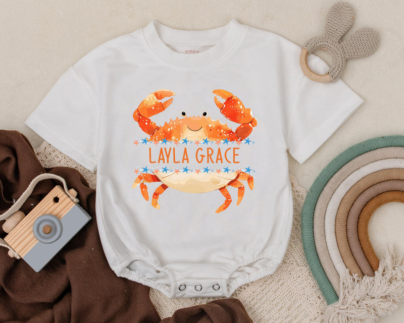 Personalized Crab Baby Romper with Smiling Face Ocean Design Custom Name Soft Cotton Coastal Gift for Newborns and Toddlers 140 Characters