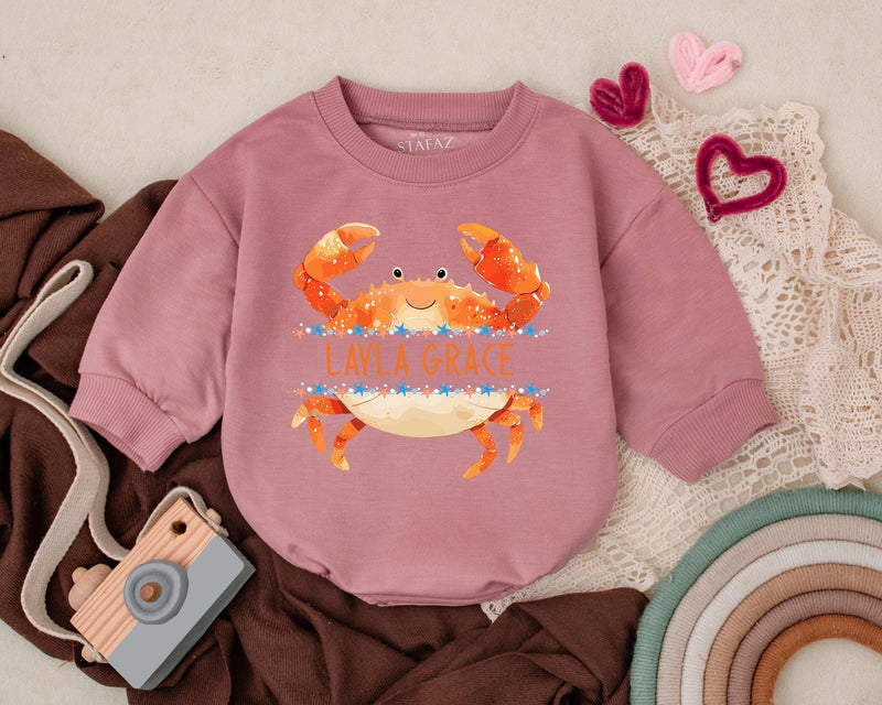Personalized Crab Baby Romper with Smiling Face Ocean Design Custom Name Soft Cotton Coastal Gift for Newborns and Toddlers 140 Characters