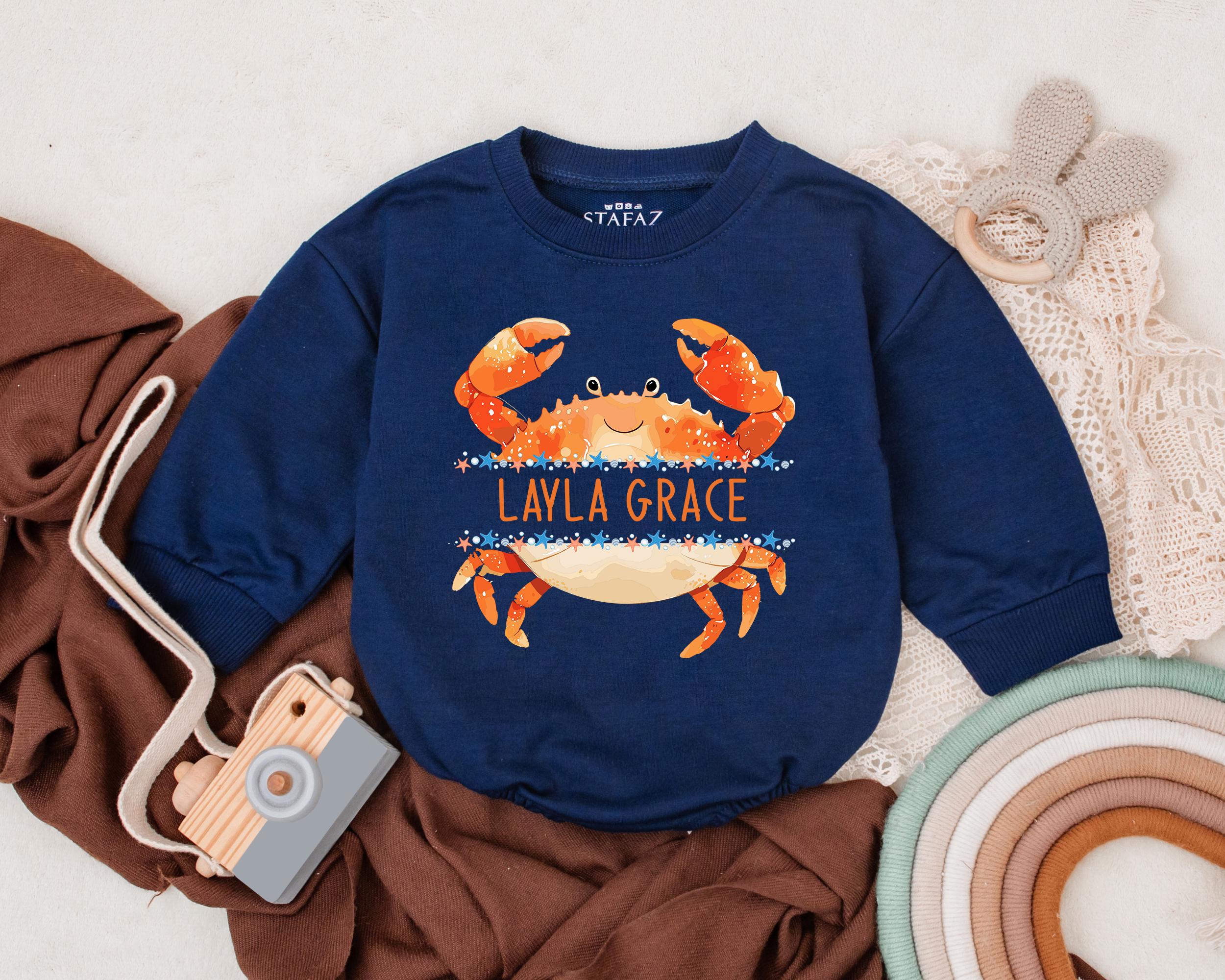Personalized Crab Baby Romper with Smiling Face Ocean Design Custom Name Soft Cotton Coastal Gift for Newborns and Toddlers 140 Characters