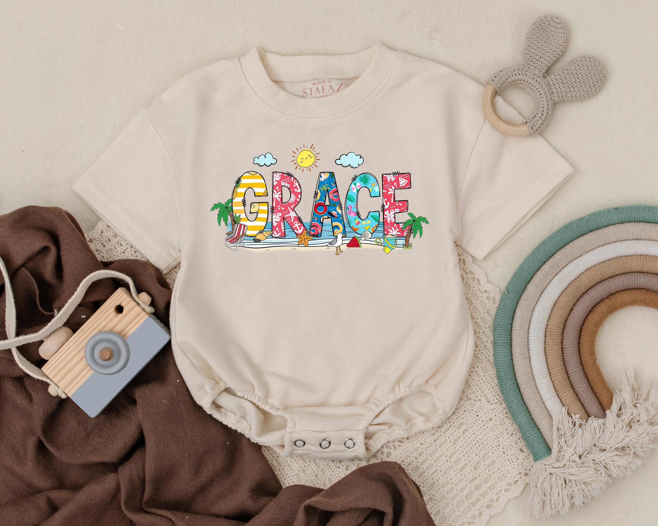 Grace Personalized Beach Baby Romper Colorful Tropical Design Infant Summer Outfit Custom Name Cotton Vacation Clothes Newborn Gift