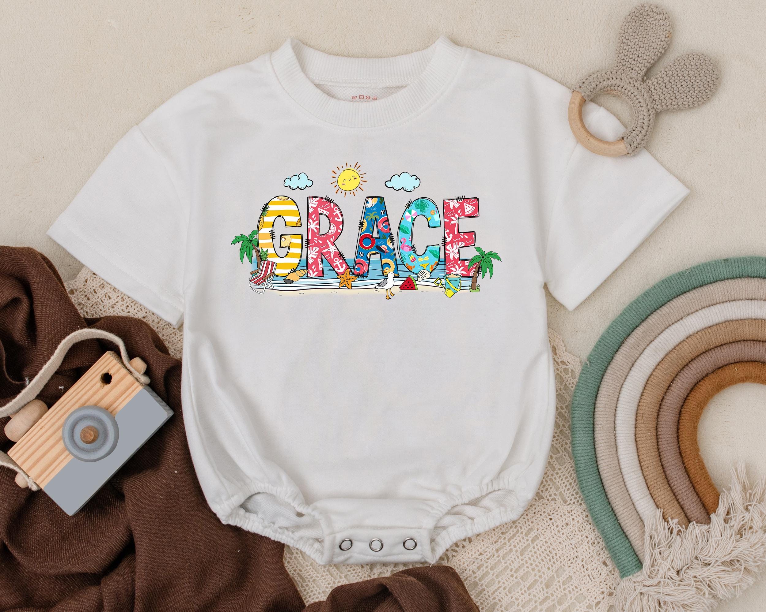 Grace Personalized Beach Baby Romper Colorful Tropical Design Infant Summer Outfit Custom Name Cotton Vacation Clothes Newborn Gift