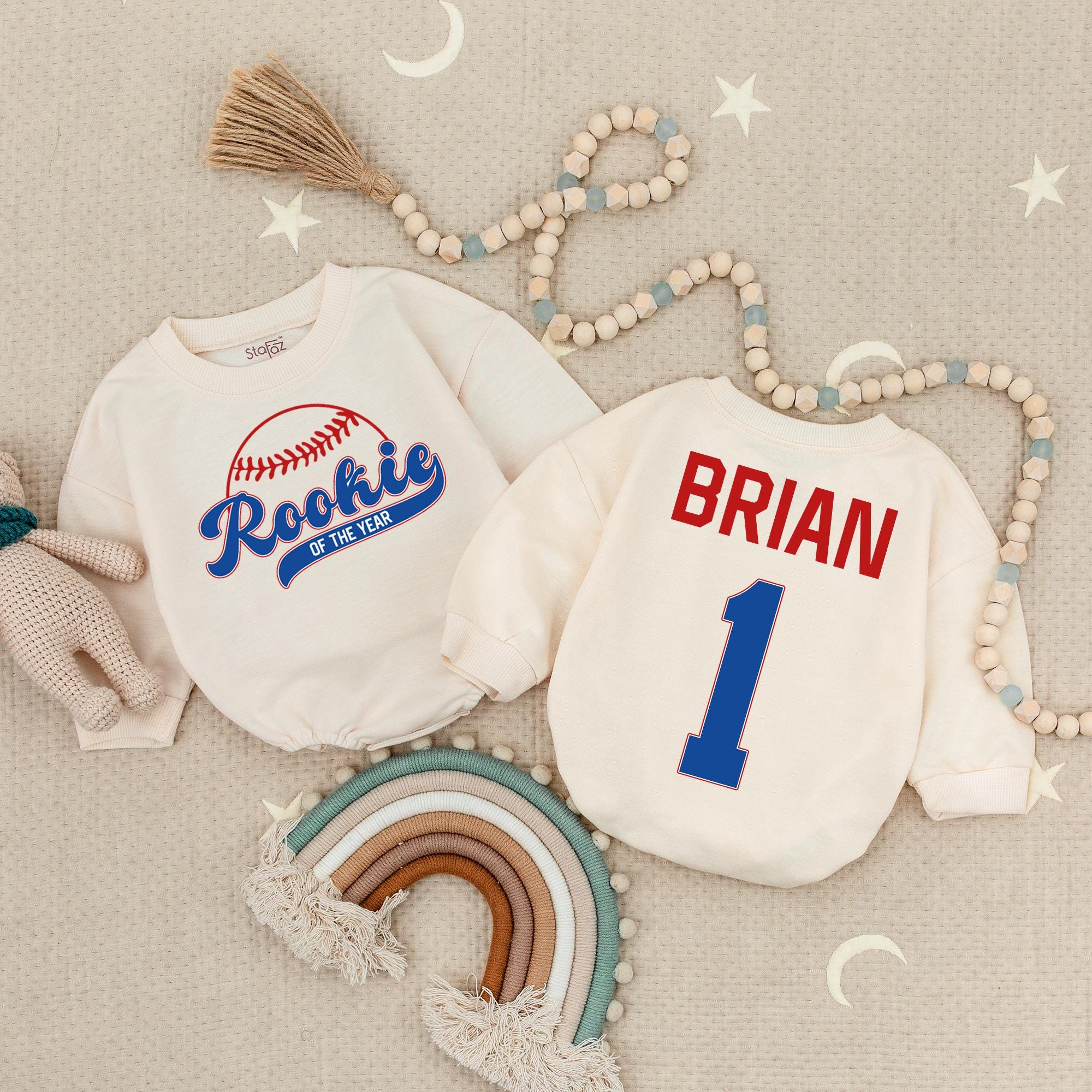 Personalized Rookie of the Year Baby Romper Baseball 1st Birthday Bodysuit Sports Theme Custom Name and Age Cotton Outfit Gift