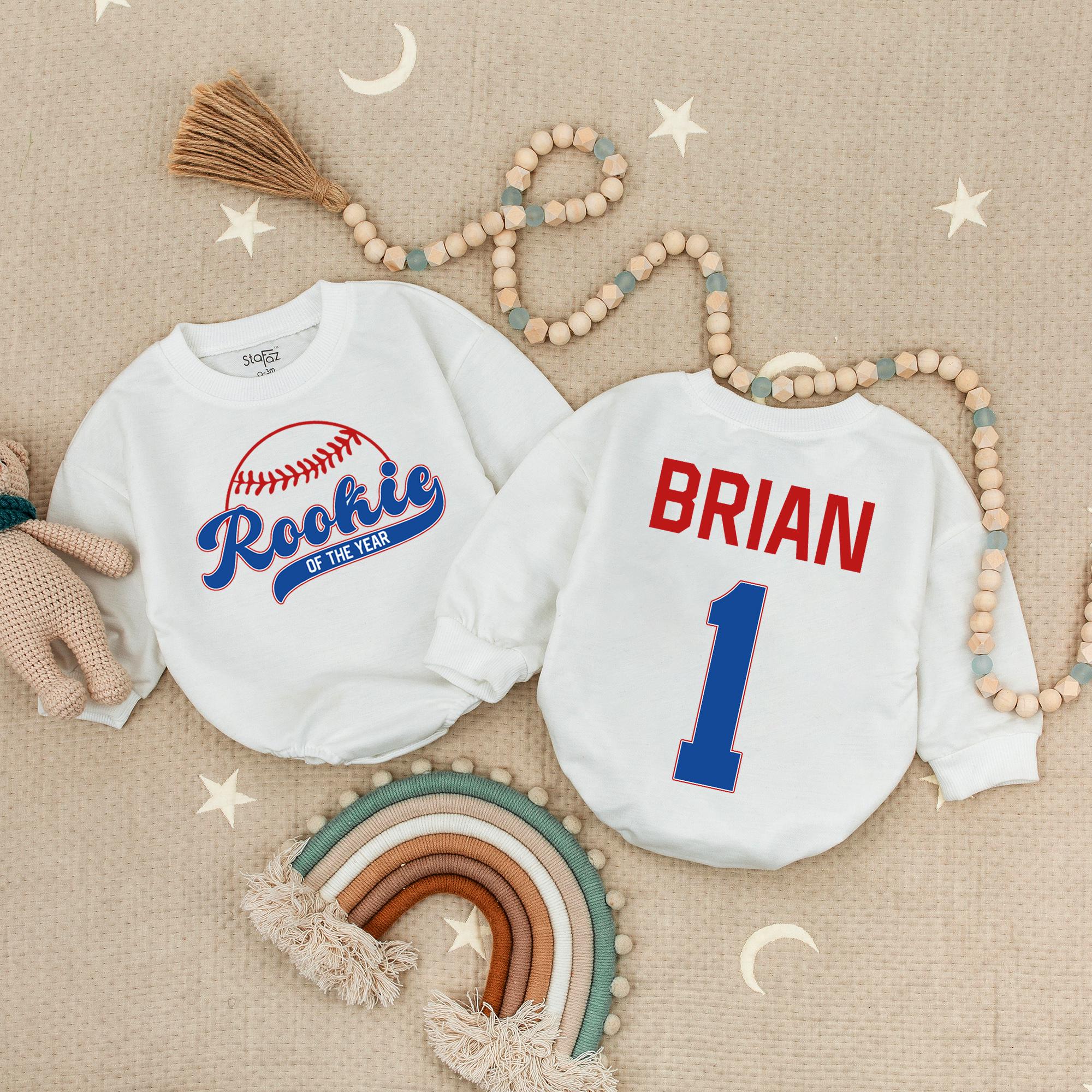 Personalized Rookie of the Year Baby Romper Baseball 1st Birthday Bodysuit Sports Theme Custom Name and Age Cotton Outfit Gift