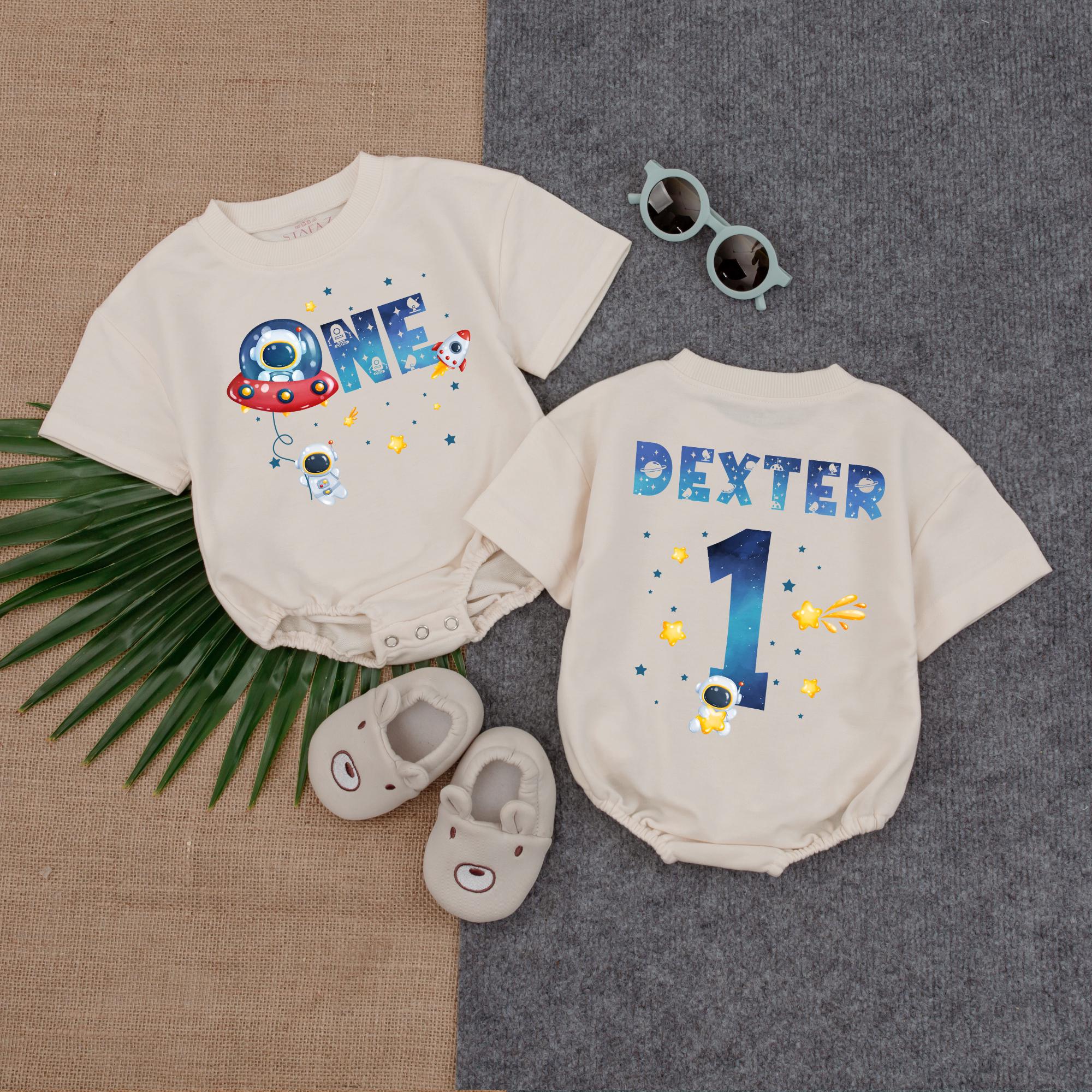 Personalized Baby Boy Astronaut Romper Space Theme 1st Birthday Outfit Colorful Design Custom Name First Trip Around the Sun