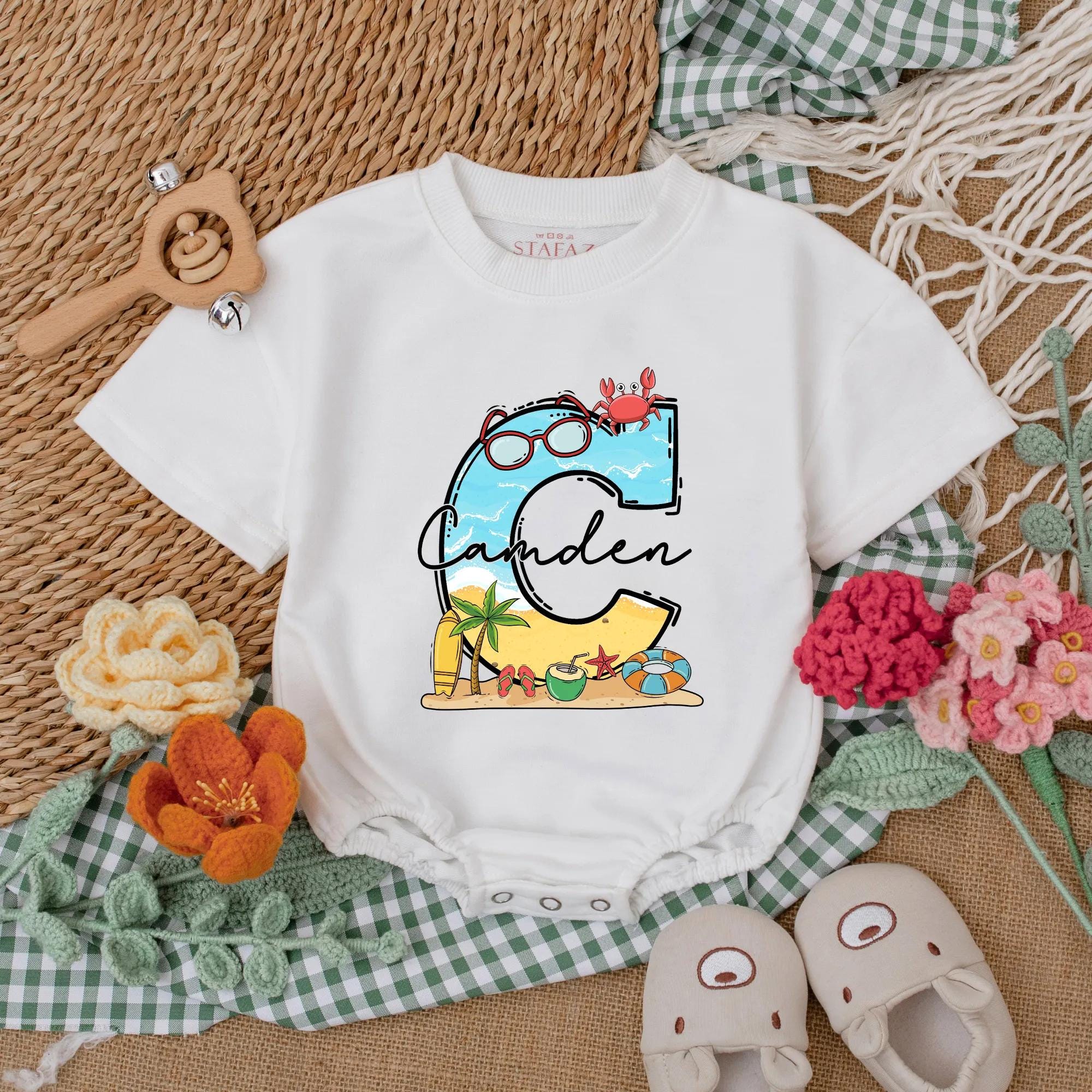 Personalized Beach Baby Romper with Vibrant 'C' Design Coastal Adventure Outfit Perfect Summer Vacation Gift Idea