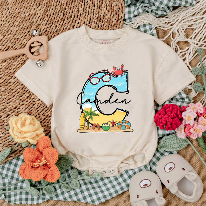 Personalized Beach Baby Romper with Vibrant 'C' Design Coastal Adventure Outfit Perfect Summer Vacation Gift Idea