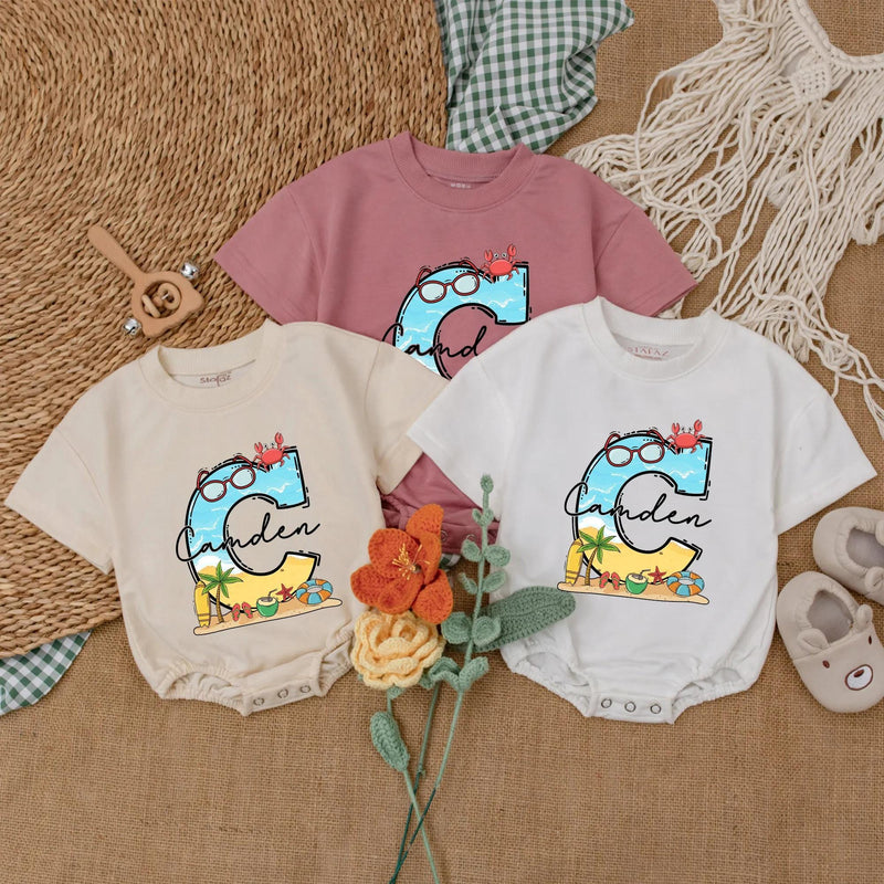 Personalized Beach Baby Romper with Vibrant 'C' Design Coastal Adventure Outfit Perfect Summer Vacation Gift Idea
