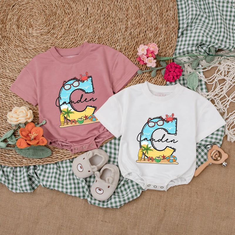 Personalized Beach Baby Romper with Vibrant 'C' Design Coastal Adventure Outfit Perfect Summer Vacation Gift Idea