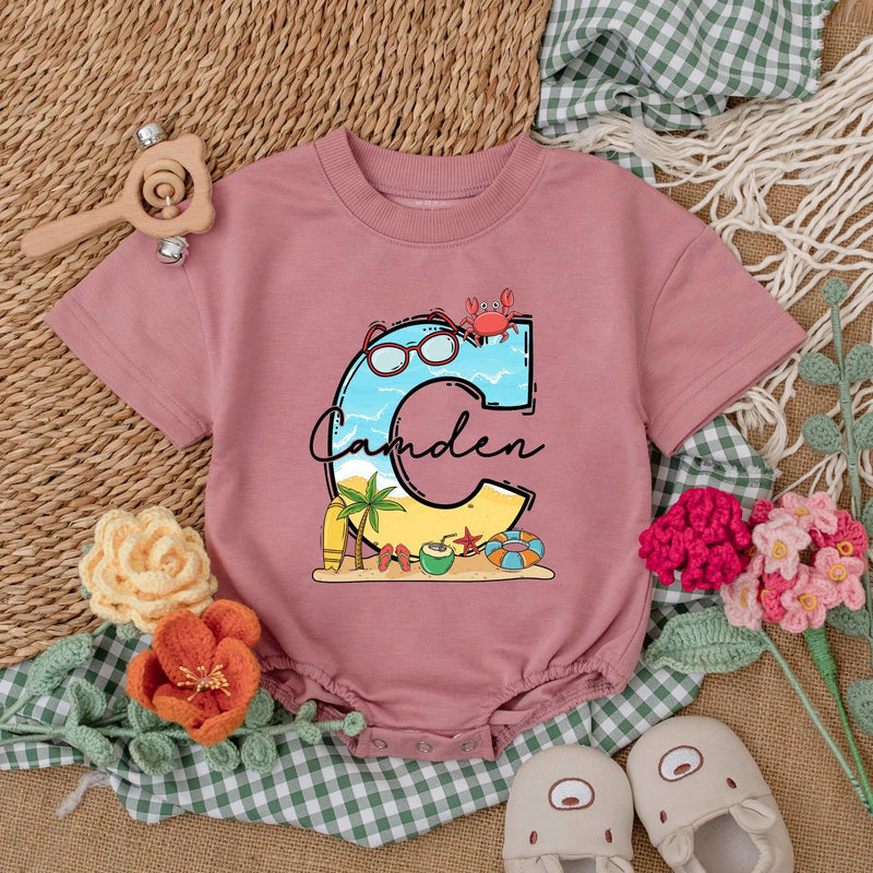 Personalized Beach Baby Romper with Vibrant 'C' Design Coastal Adventure Outfit Perfect Summer Vacation Gift Idea