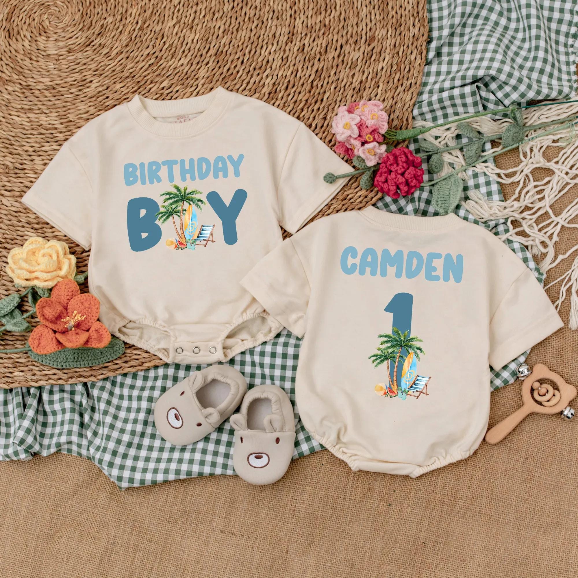 Personalized Baby Boy Birthday Romper Fun Beach Theme Surfing First Celebration Outfit Palm Tree Design Cake Smash Party Wear
