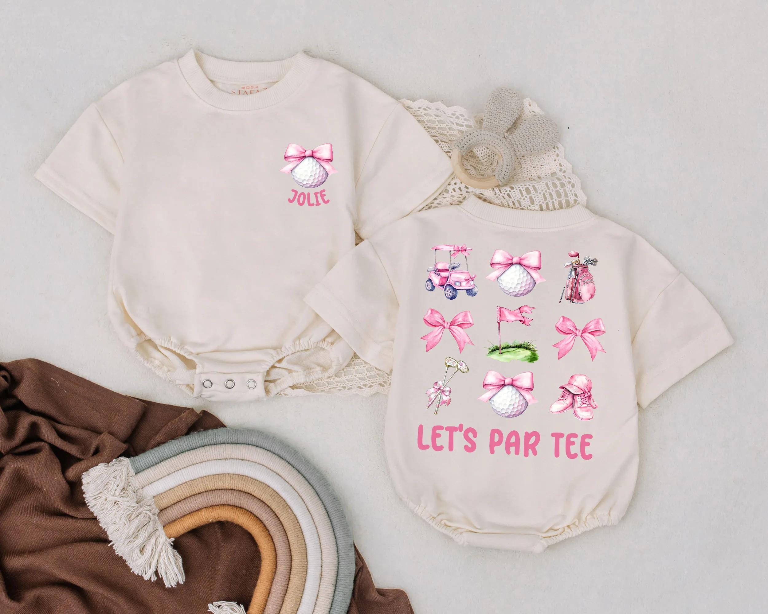 Custom Golf Baby Romper Let's Par Tee Pink Bow Birthday Outfit Cute Infant Girl Golf Themed Clothes Comfortable Soft Cotton Playful Design