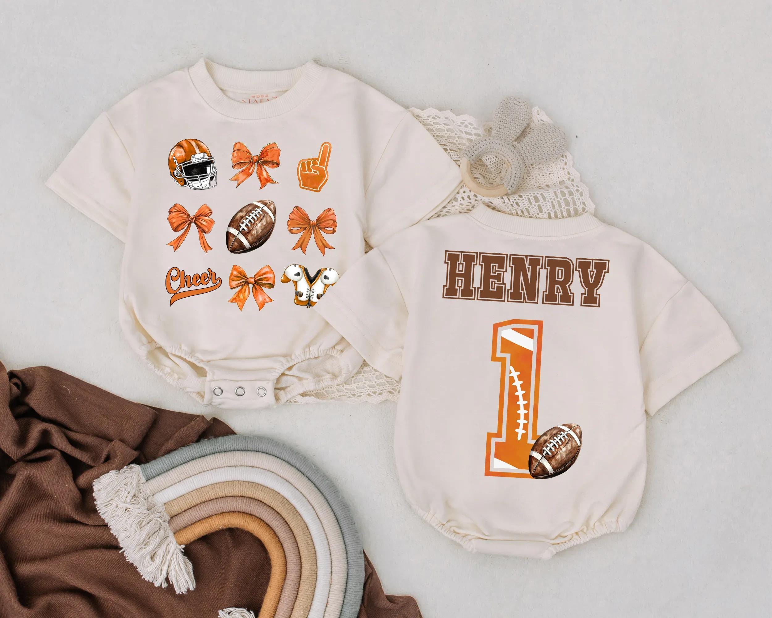 Personalized Football Bubble Romper for Baby Girls Cheer Bow Game Day Outfit Birthday Gift Orange Brown Design