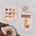 Personalized Football Bubble Romper for Baby Girls Cheer Bow Game Day Outfit Birthday Gift Orange Brown Design