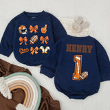 Personalized Football Bubble Romper for Baby Girls Cheer Bow Game Day Outfit Birthday Gift Orange Brown Design