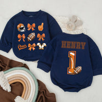 Personalized Football Bubble Romper for Baby Girls Cheer Bow Game Day Outfit Birthday Gift Orange Brown Design